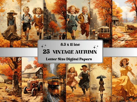 Vintage Autumn Scenes Digital Paper Pack